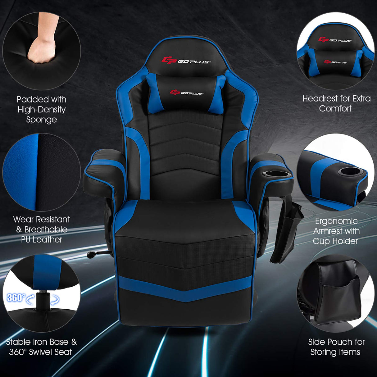 TOMANOR Gaming Recliner Adjustable Massage Gaming Chair with Cup Holder Footrest Ergonomic Single Sofa Living Room Home Theater Seating with Side Pouch, Blue TOMANOR