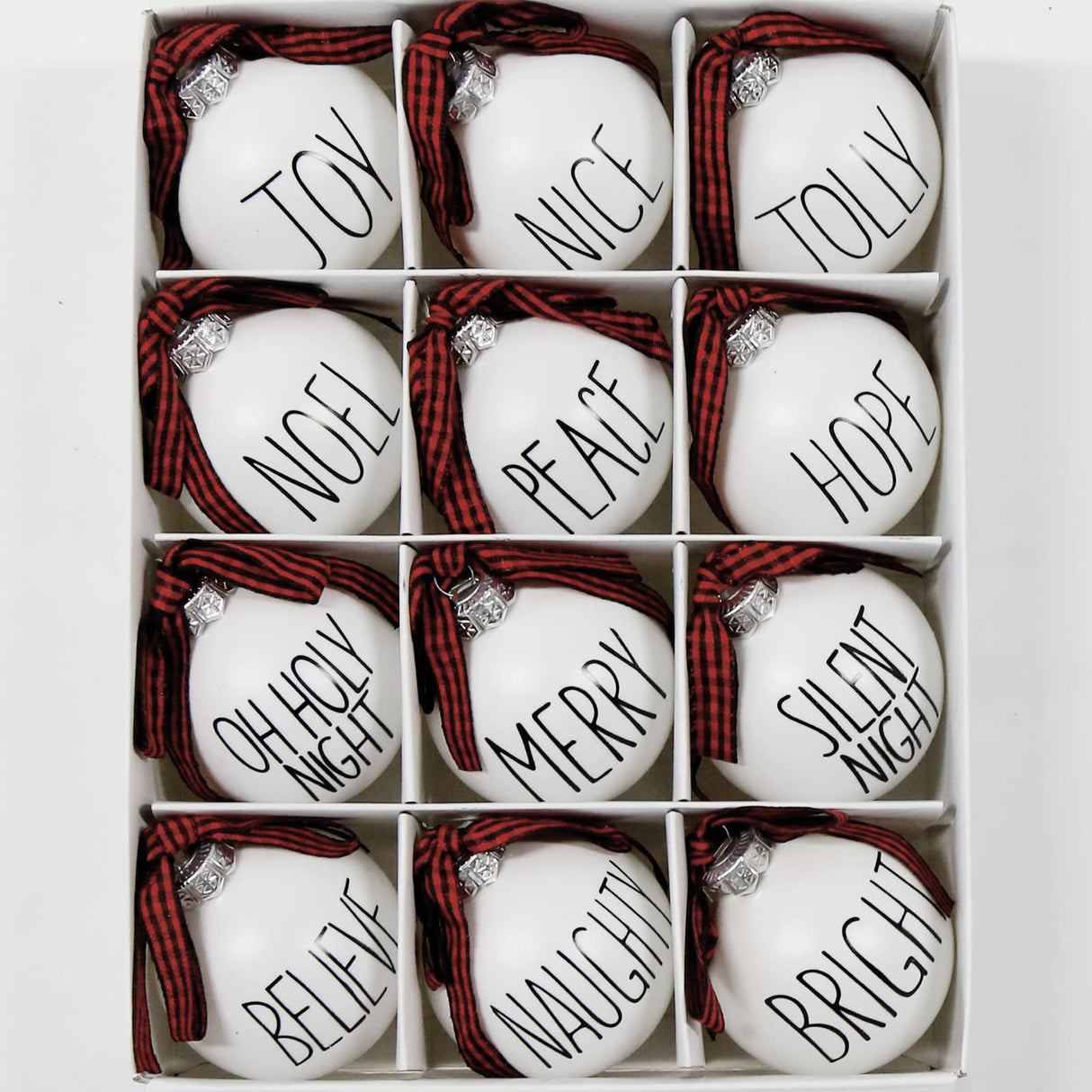 Christmas Ornaments - Set of 12 Shatterproof White Bulbs Adorned with Buffalo Plaid Bows - Rustic Farmhouse Christmas Tree Decorations for Xmas Tree Decor ORIENTAL CHERRY