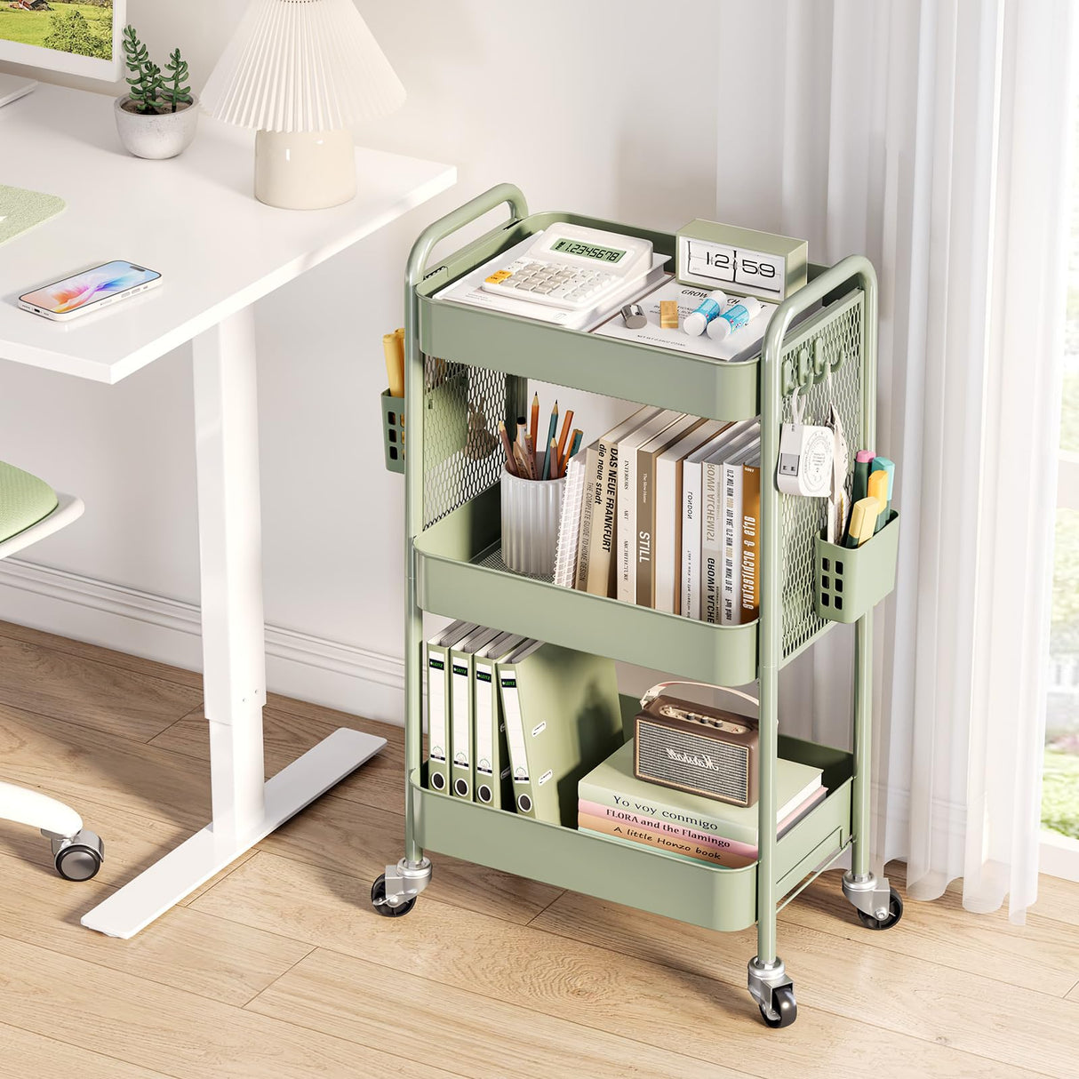 TOOLF 3 Tier Rolling Cart Storage Organizer, Metal Rolling Utility Cart with Wheels, Hooks & Bins Esthetician Craft Art Sturdy Storage with Pegboard for Bathroom, Kitchen, Office, Nursery Diaper TOOLF