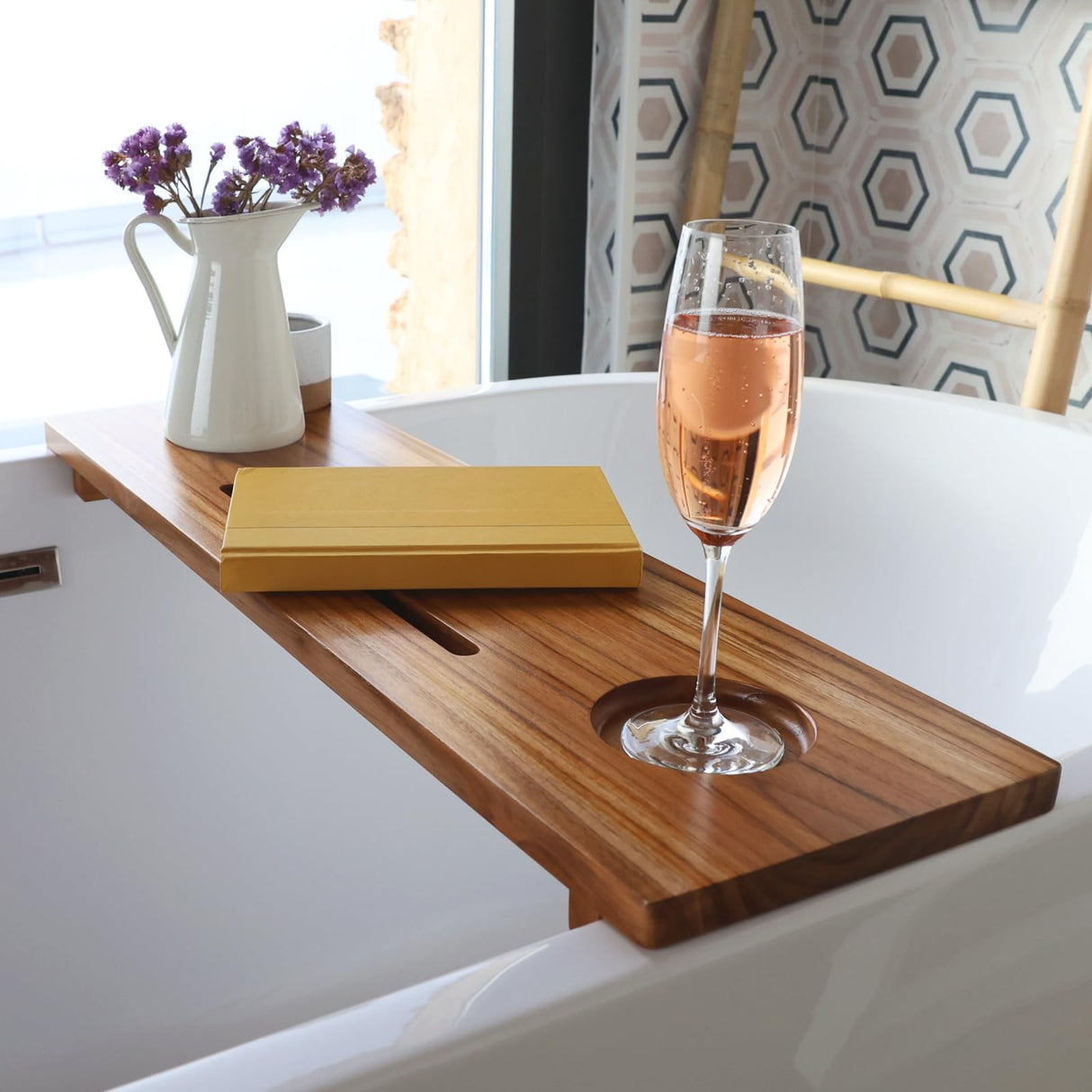 Fjord Teak Bathtub Tray - Towel & Gift Box Bundle - Sustainable Minimalist Wood Bath Tray for Tub - Fits Standard Bathtubs - Relaxing Bathtub Accessories Holder - Bath Caddy 29x8.5 in. Alma Japandi