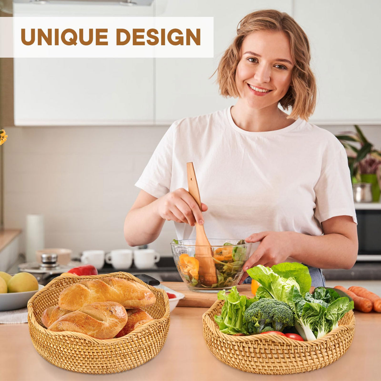 3 Pack Natural Rattan Round Fruit Basket Bowls,Rattan Bread Basket,Woven Serving Basket Bowls,Organizing Handmade Rattan Storage Baskets for Kitchen, Home, set of 3 Size JINSHIYANG