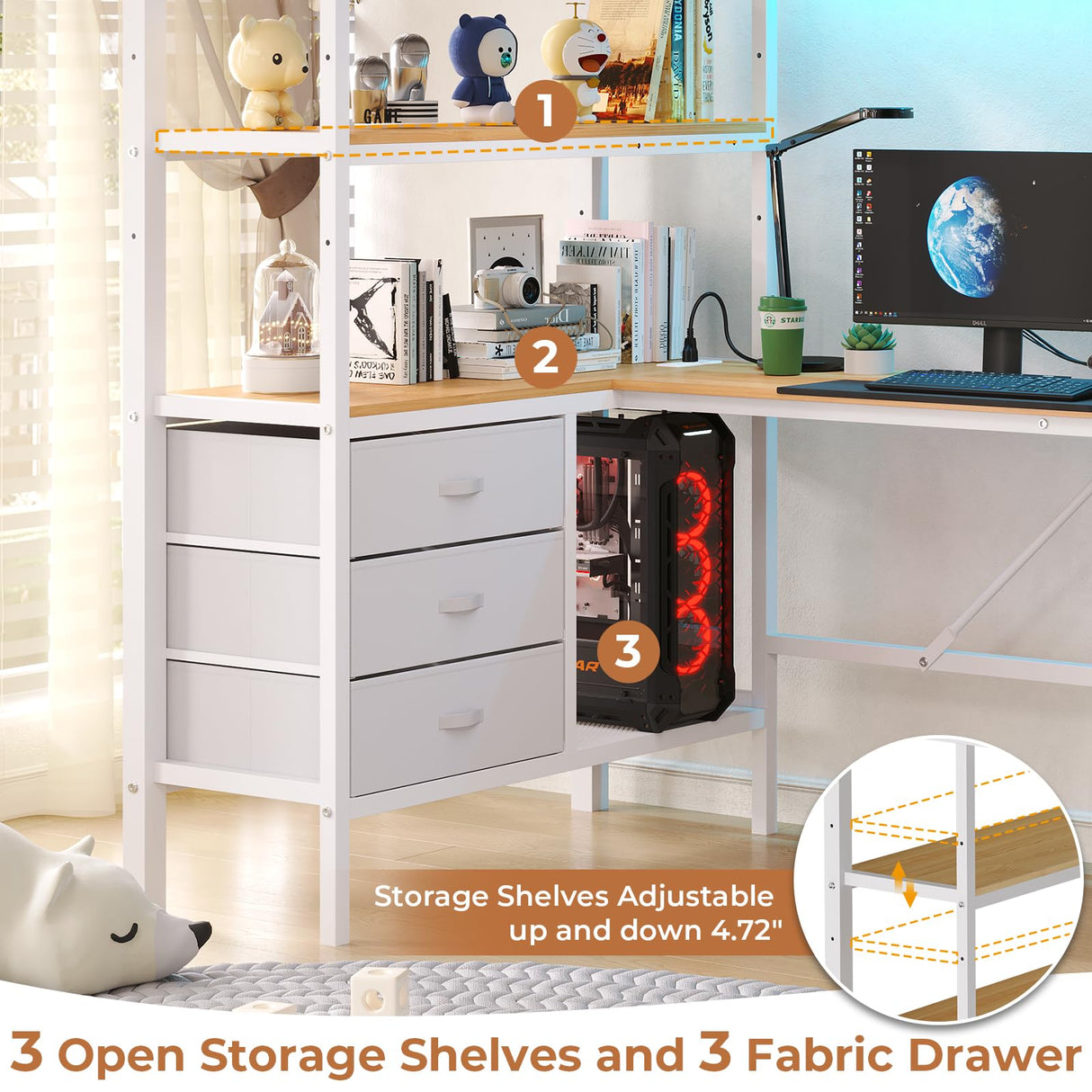 DICTAC Twin Loft Bed with L-Shaped Desk, LED Lights & Charging Station – Space-Saving Metal Frame with Storage Shelves & Drawers in White DICTAC