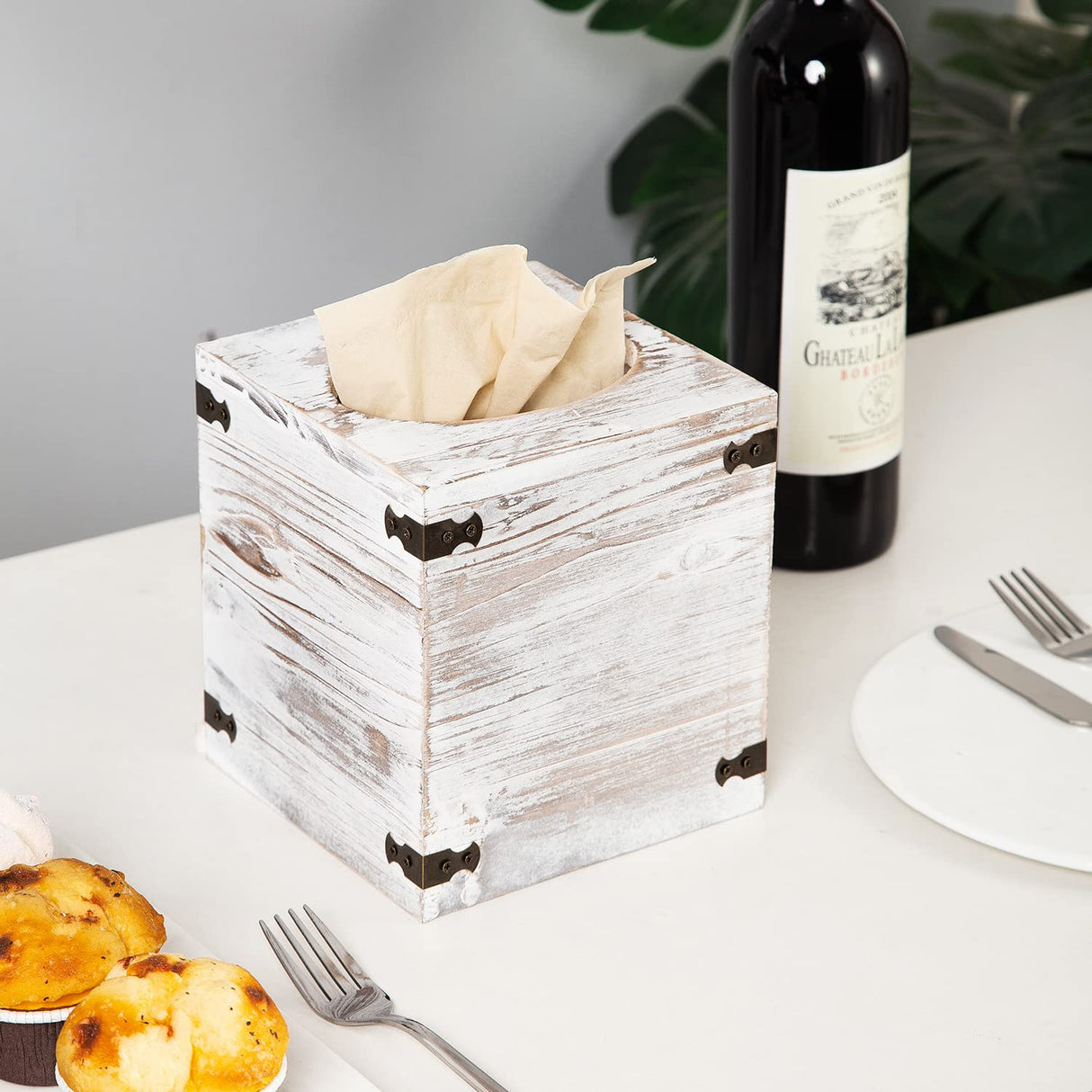 Distressed Farmhouse Square Solid Wood Tissue Box Cover with Slide-Out Bottom Panel Honey Brown Tissue Box Holder for Bathroom Living Room Dining Room Bedroom Toilet (Washed White) canwedance