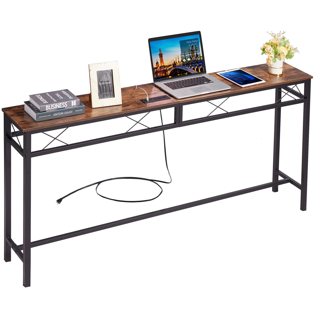VECELO 55In Extra Long Narrow Sofa/Console Table with Charging Station & Power Outlet and USB Ports, for Entryway, Living Room, Office, Industrial, Brown VECELO