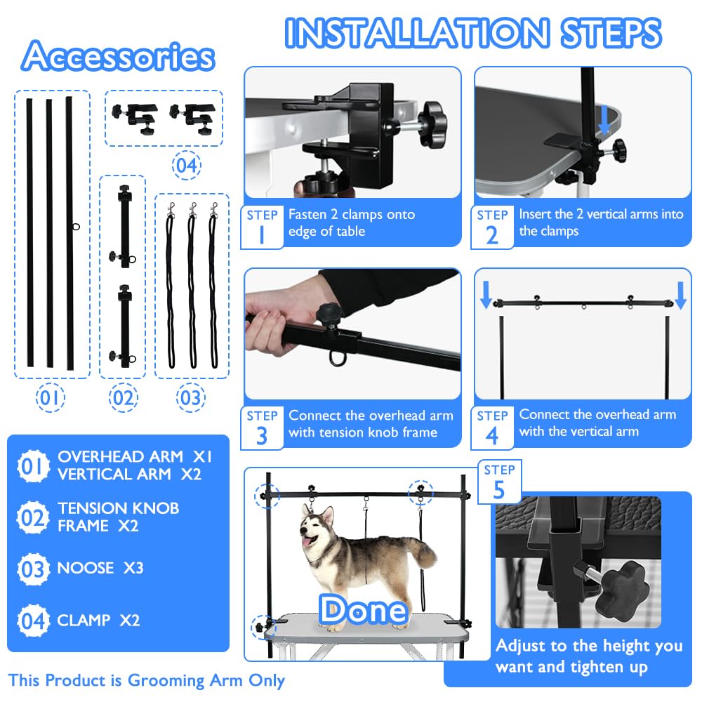 LEIBOU H-Shape Dog Grooming Arm Pet Supplies Grooming Table Arm with 3 Noose and Clamp Heavy Duty Aluminum Alloy Frame with 35.4” Adjustable Height and 36.2” ~ 50” Adjustable Width Dog Grooming Kit LEIBOU
