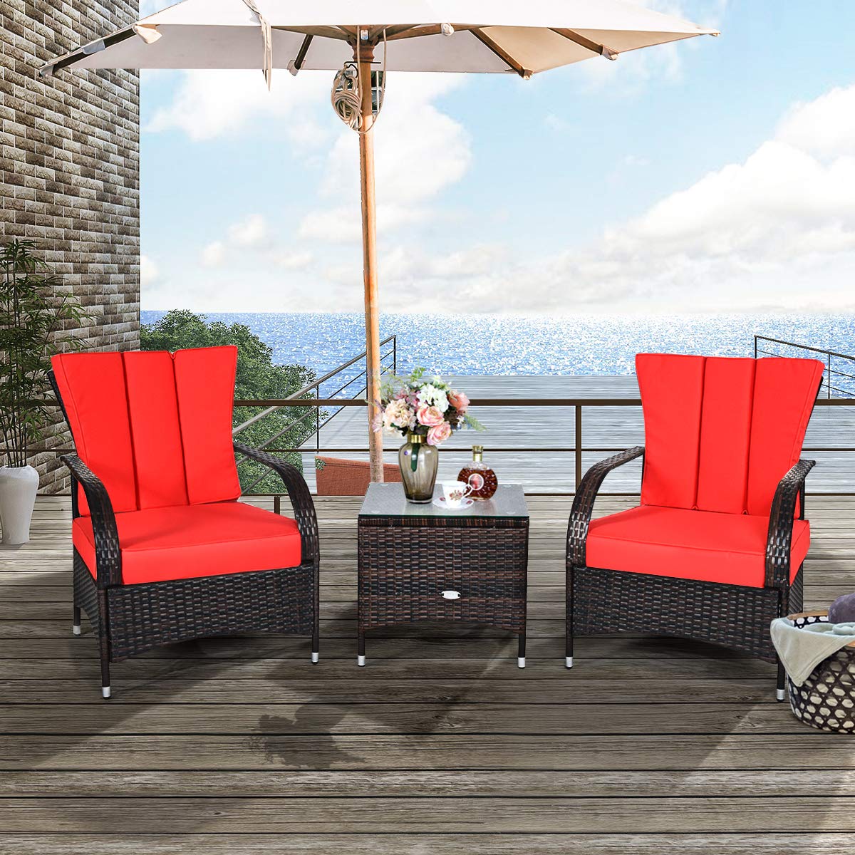 Tangkula 3-Piece Patio Conversation Set, Outdoor Wicker Furniture Set, Rattan Coffee Table & Chairs Set with Cushions, Outdoor Conversation Set for Garden Balcony Backyard (Red) Tangkula