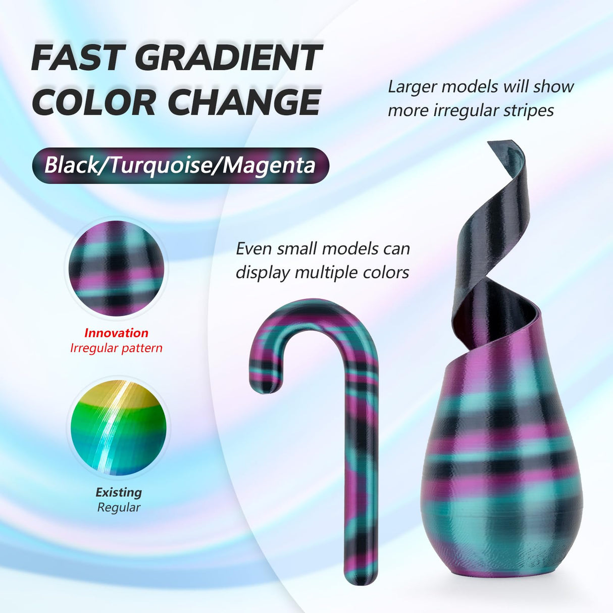 AMOLEN Silk PLA 3D Printer Filament, Shiny Multicolor Rainbow PLA Filament 1.75mm, Fast Color Change PLA 3D Printing Filament for Most FDM 3D Printer, Black Turquoise Magenta, 1kg (2.2lbs) AMOLEN