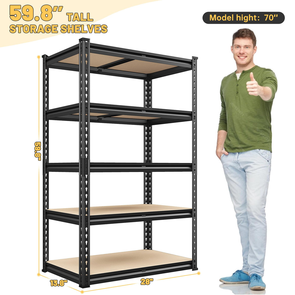 REIBII 2000LBS Storage Shelves 5 Tier Garage Shelving Heavy Duty Metal Shelves for Storage Adjustable Metal Shelving Units for Kitchen Pantry Basement, 28" Wx 13.8" Dx 59.8" H REIBII