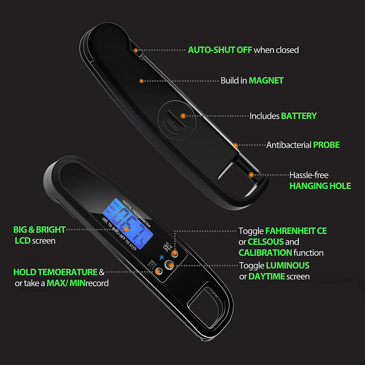 LIKEPAI Instant Read Meat Thermometer for Kitchen Cooking, Ultra Fast Precise Waterproof Digital Food Thermometer with Backlight, Magnet and Foldable Probe for Deep Fry, Outdoor BBQ, Grill(Black) LIKEPAI