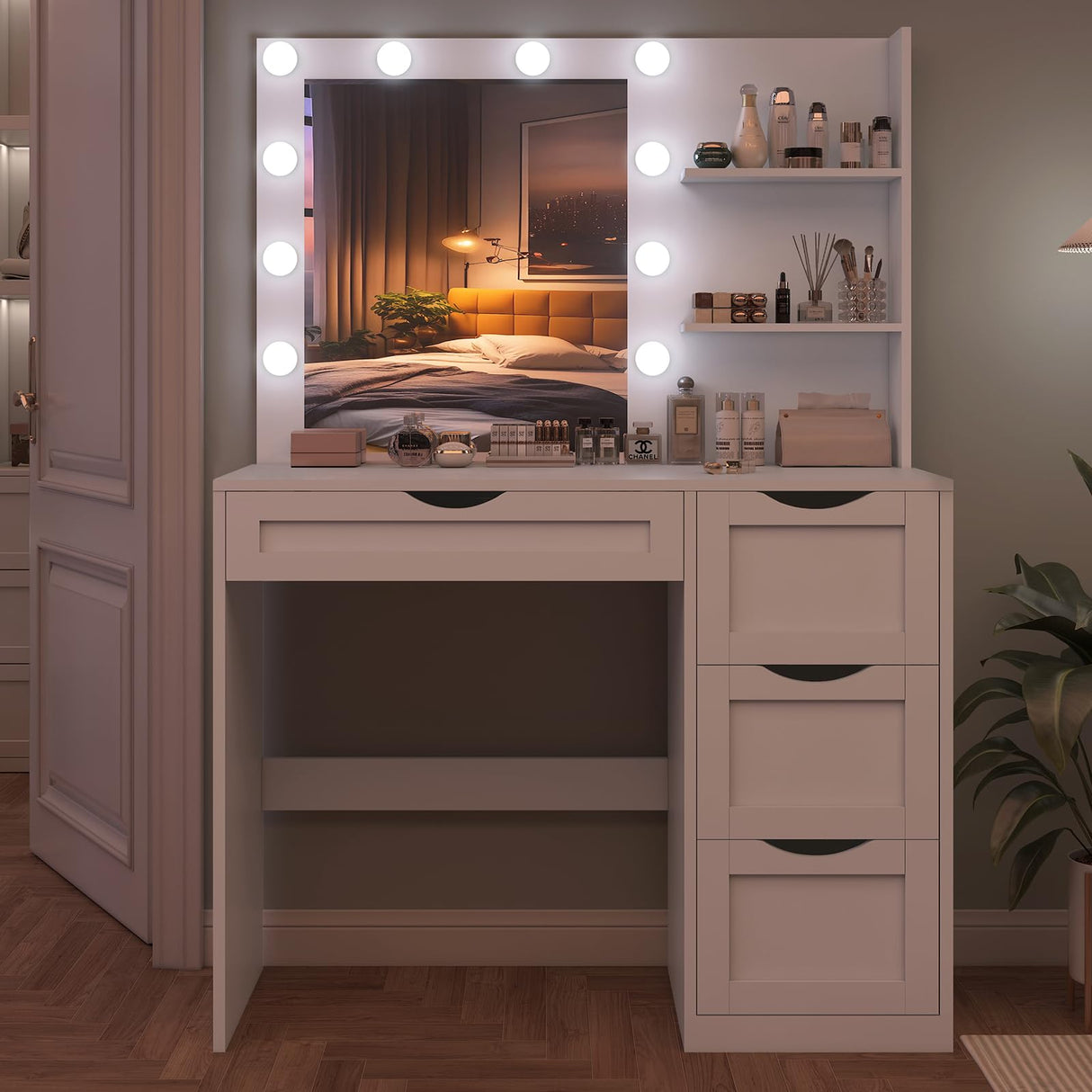 usikey Makeup Vanity Desk with Mirror and 10 LED Lights, Makeup Vanity Table with 4 Drawers, Vanity Desk Dressing Table with 2 Storage Shelves, 3 Color Modes Adjustable Brightness for Bedroom,White usikey