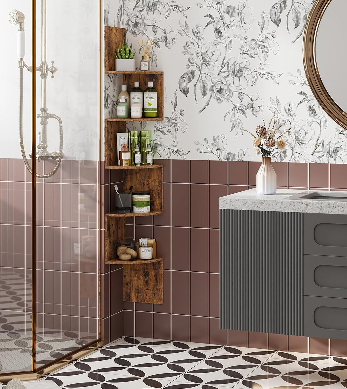 VIMBER 5-Tier Corner Shelf Wall Mount, Corner Bookshelf, Industrial Corner Ladder Shelf, Modern Display Shelf for Living Room, Bedroom, Kitchen, Home Office, Bathroom, Rustci Brown UJSJ003F VIMBER