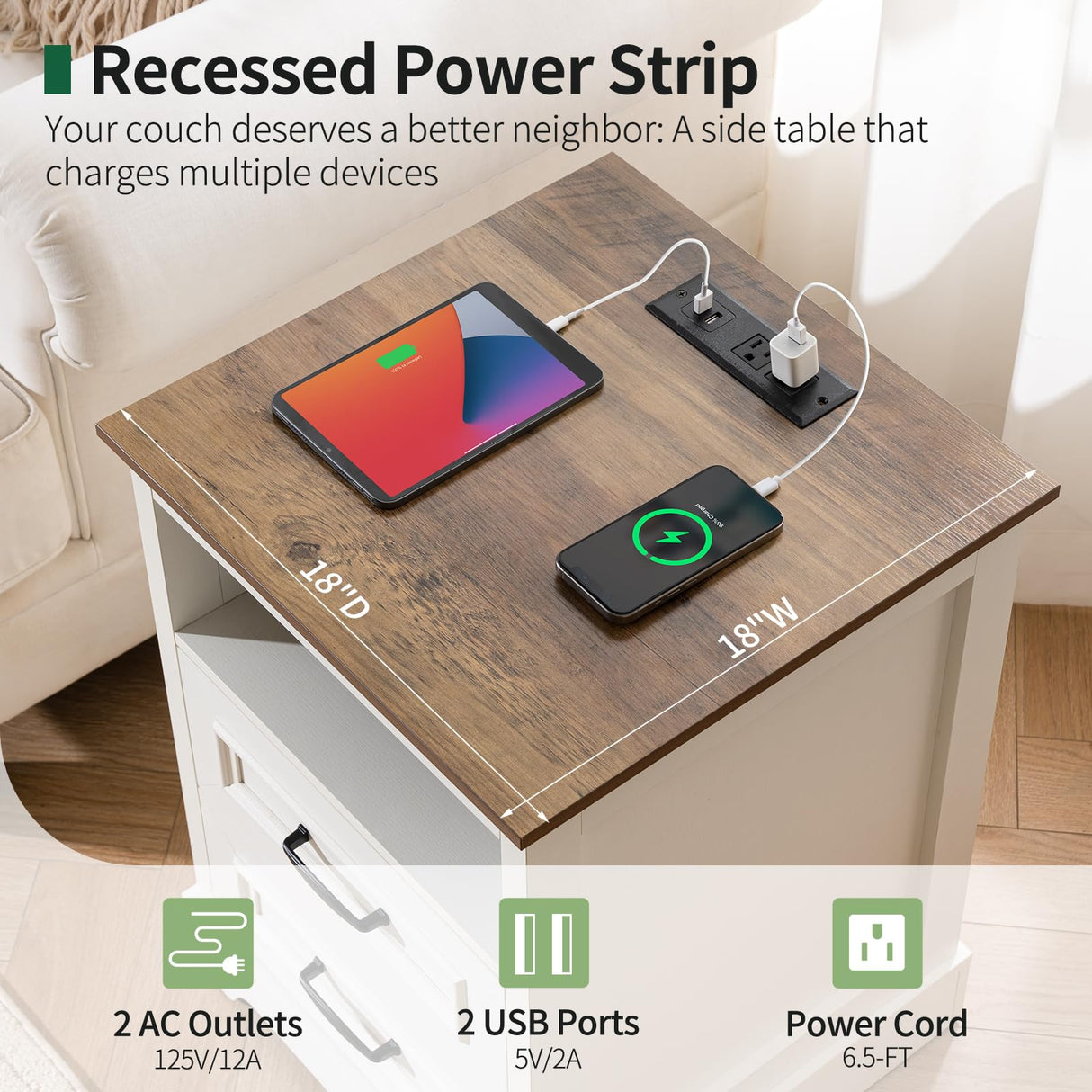 Curlaky Farmhouse Nightstand with Charging Station, Wood Night Stand with Drawers, Bedside Table, Nightstands with Open Storage Shelf, Rustic Night Stands for Bedroom, Closet, 18" Wide, 24" Tall Curlaky