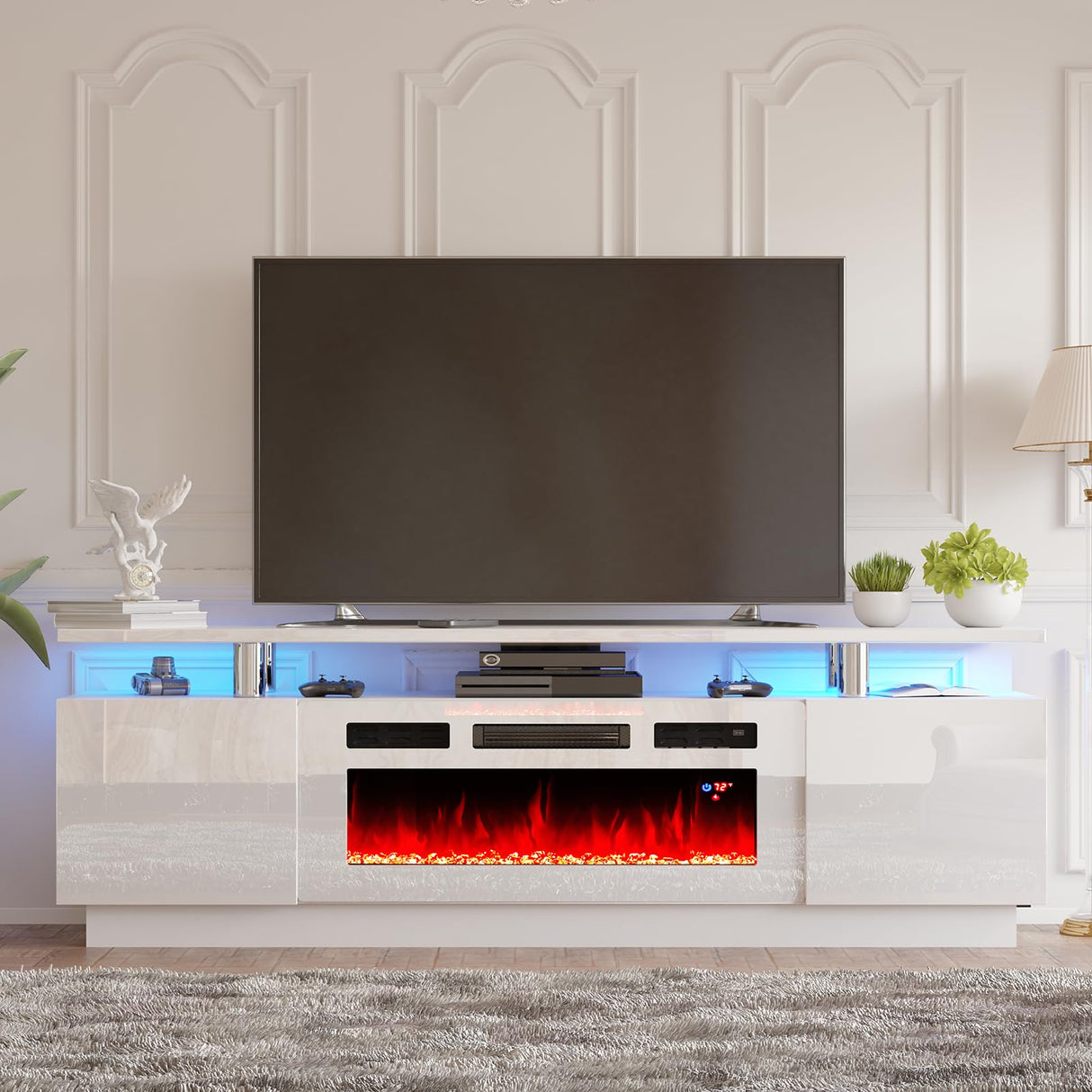 AMERLIFE Fireplace TV Stand with 36" White Fireplace, 70" Modern High Gloss Fireplace Entertainment Center LED Lights, 2 Tier TV Console Cabinet for TVs Up to 80", White & White AMERLIFE