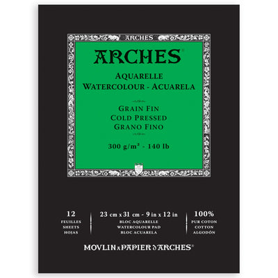 Arches Watercolor Pad, Cold Press, 9x12 inches, 12 Sheets - Professional Art Paper for Watercolor Gouache Ink Acrylic