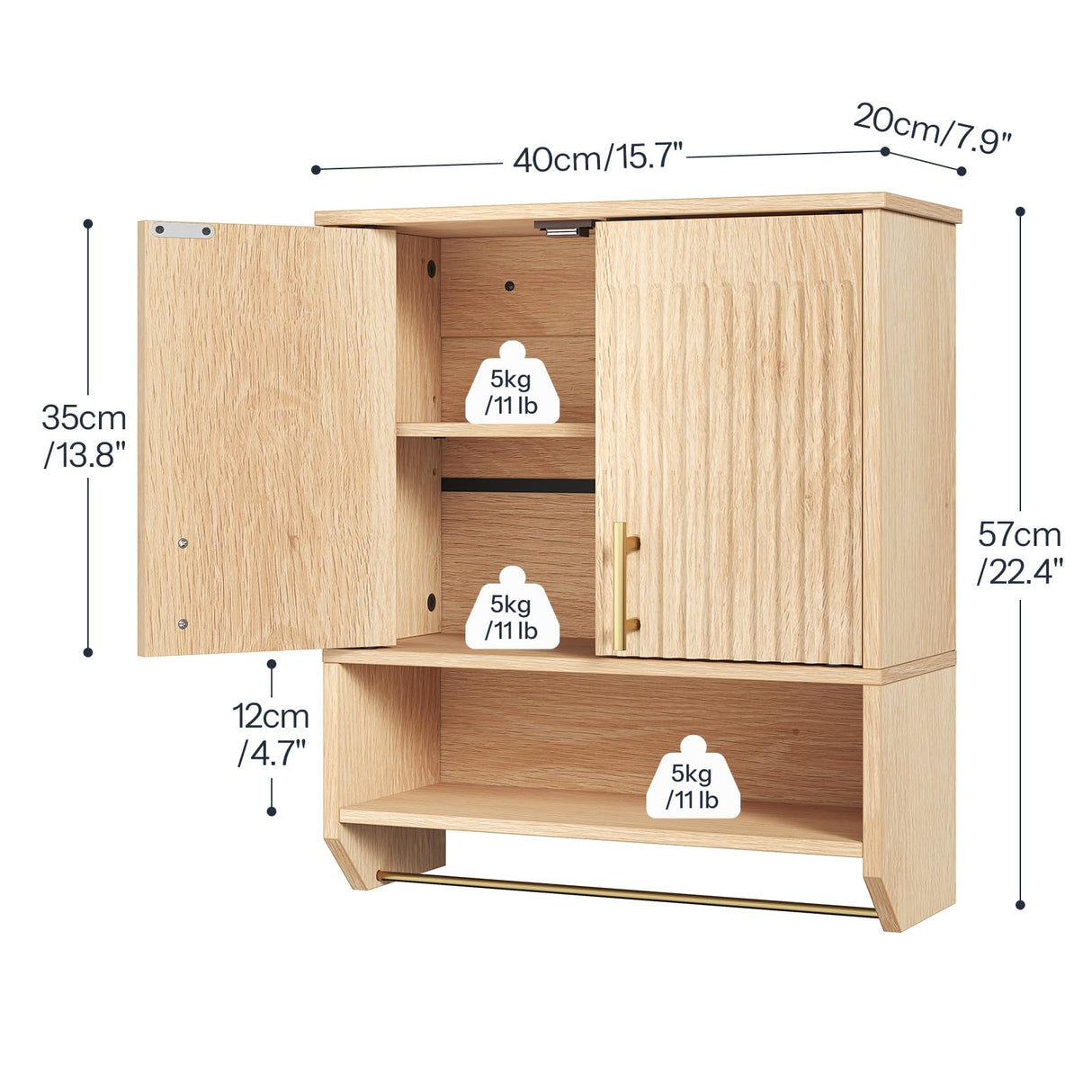 HOOBRO Fluted Bathroom Wall Cabinet, Farmhouse Medicine Cabinet with 2 Fluted Doors, Wall Storage Shelf with Towel Rack, Adjustable Shelf, for Small Spaces, Bathroom, Kitchen, Natural HOOBRO