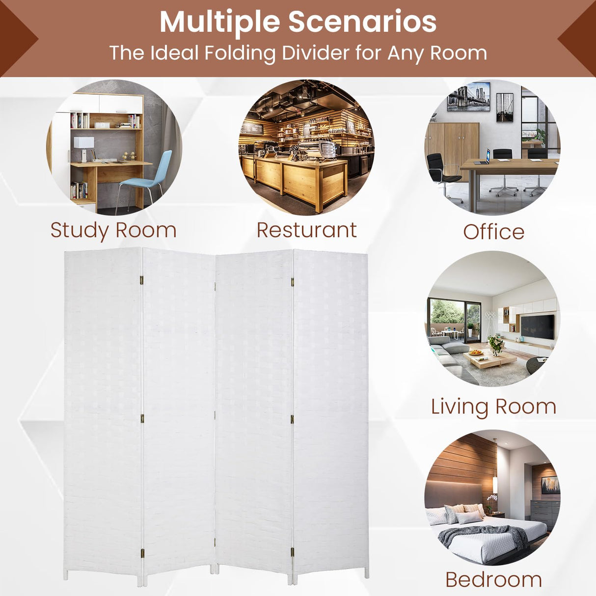 Room Divider Wall Divider 6FT 4 Panels Wood Mesh Hand-Woven Indoor Room Screen Folding Portable Partition Screen, White Dopinmin