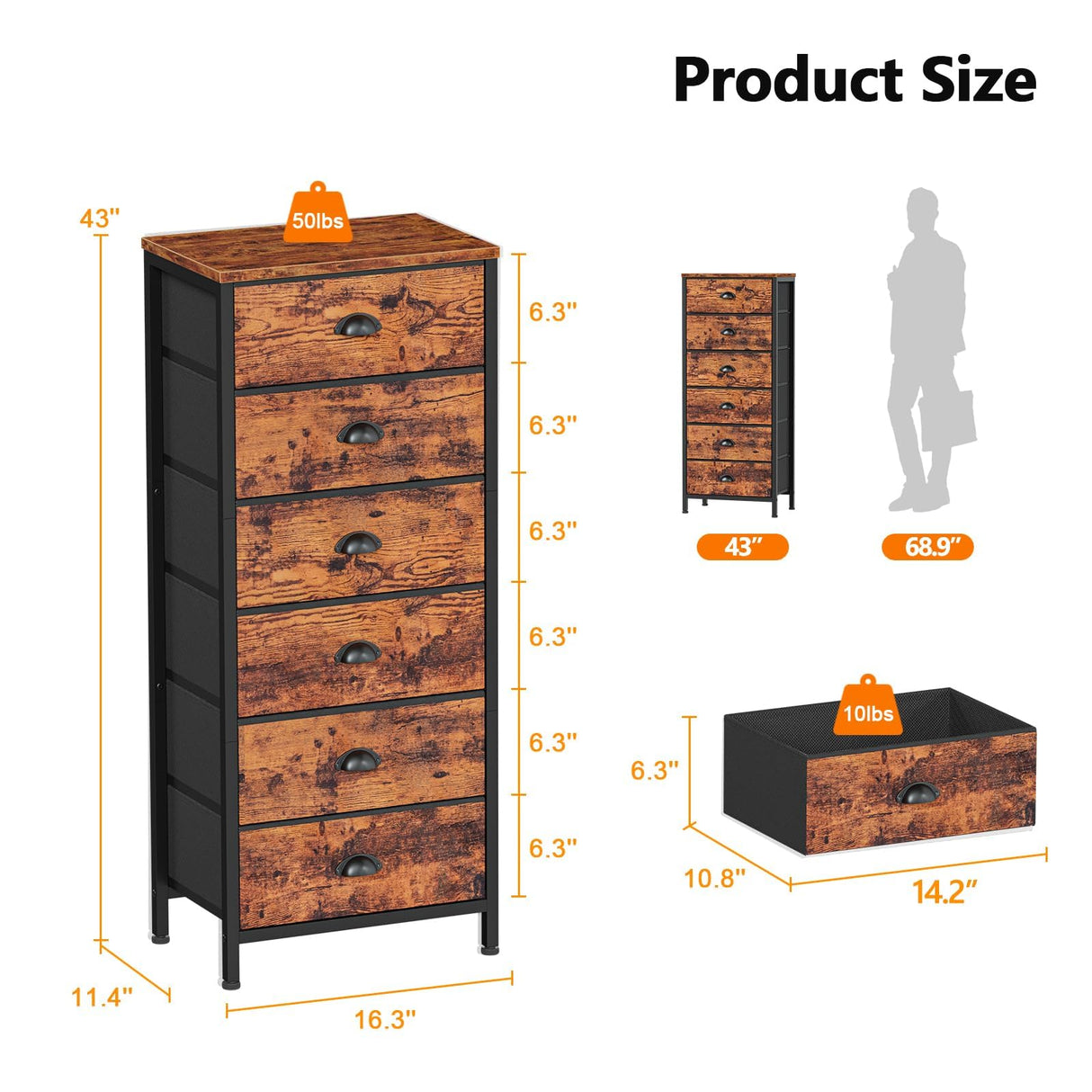 Furnulem Tall Dresser with 6 Drawers,Vertical End Table and Nightstand for Bedroom,Industrial Dorm Bedside Furniture with Fabric Storage Drawer Organizer in Living Room,Closet,Entryway(Rustic Brown) Furnulem