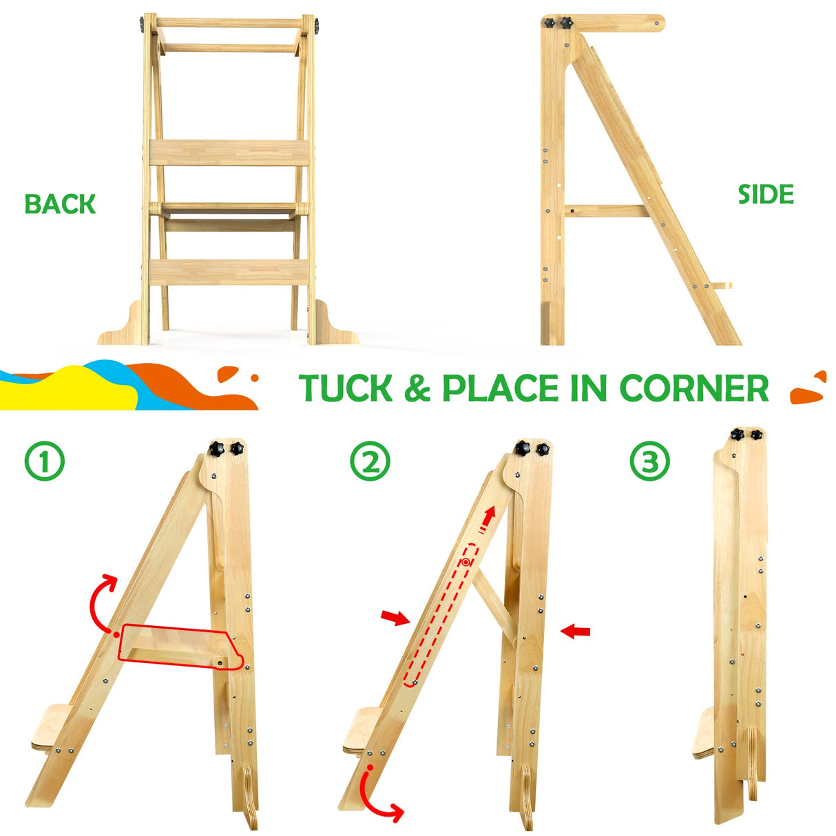 Toddler Tower Foldable - Kids Kitchen Step Stool with 3 Adjustable Heights & Safety Rail, Montessori Tower with Chalkboard for Learning, Standing Tower Helper Stool for Kitchen Counter Sink (Natural) SAUCE ZHAN
