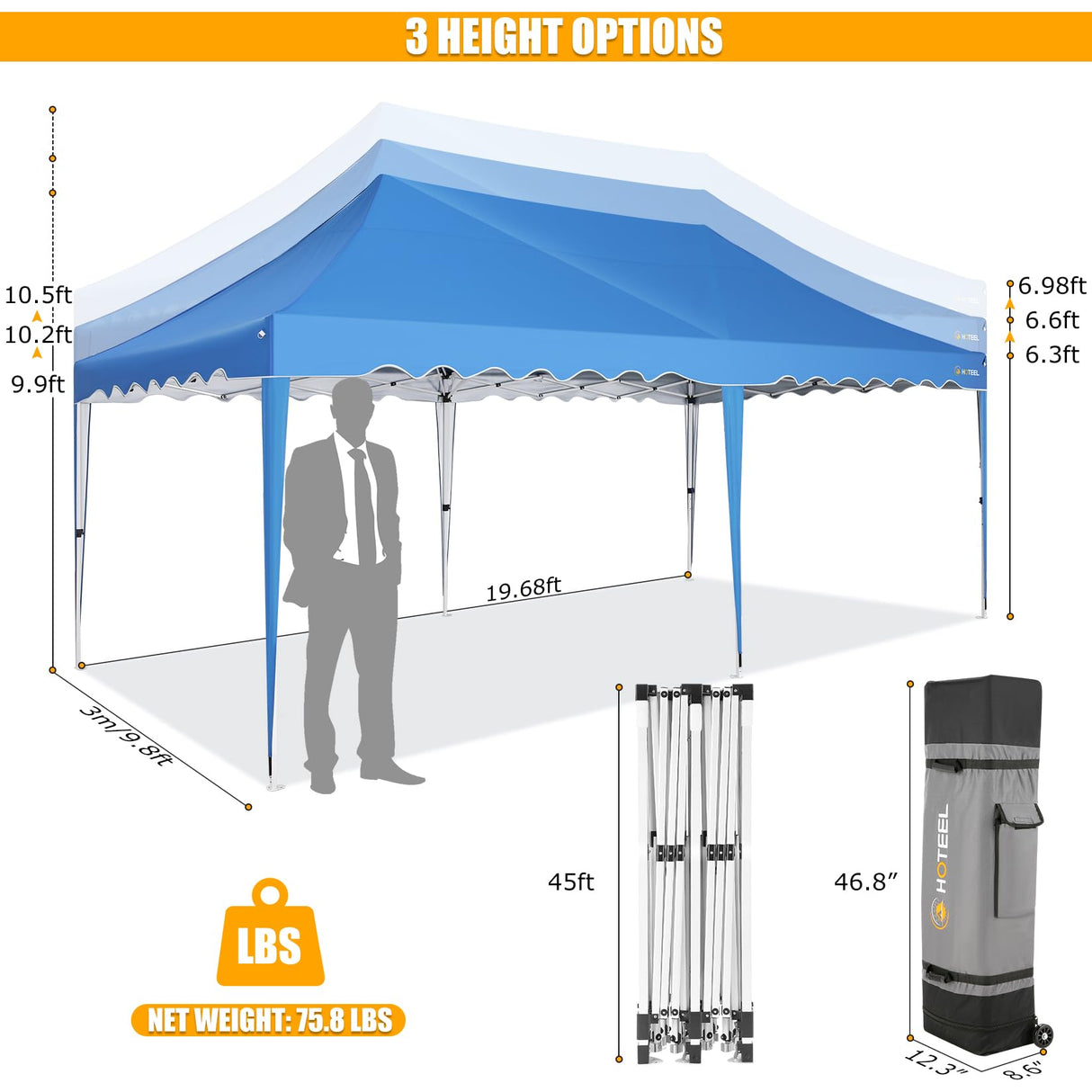 HOTEEL 10x20 Pop Up Canopy Tent for Parties, Easy Setup Canopy Tent for Backyard, Waterproof Outdoor Gazebo for Wedding Event Patio, Outside Instant Vendor Tent with 4 Sandbags & Rolling Bag, Blue Hoteel