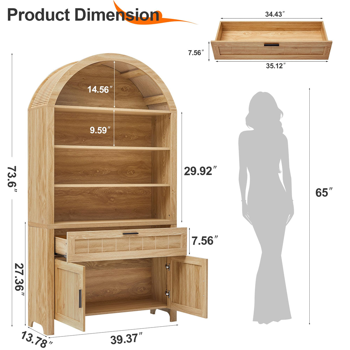 Turtle&Myrtle 73" H Large Arched Bookshelf,5-Tier Arch Bookcase with Doors,Mid Century Modern Book Shelf with Drawers,Wood Bookshelf w/Open Display Shelves for Living Room, Office (Natural) Turtle&Myrtle