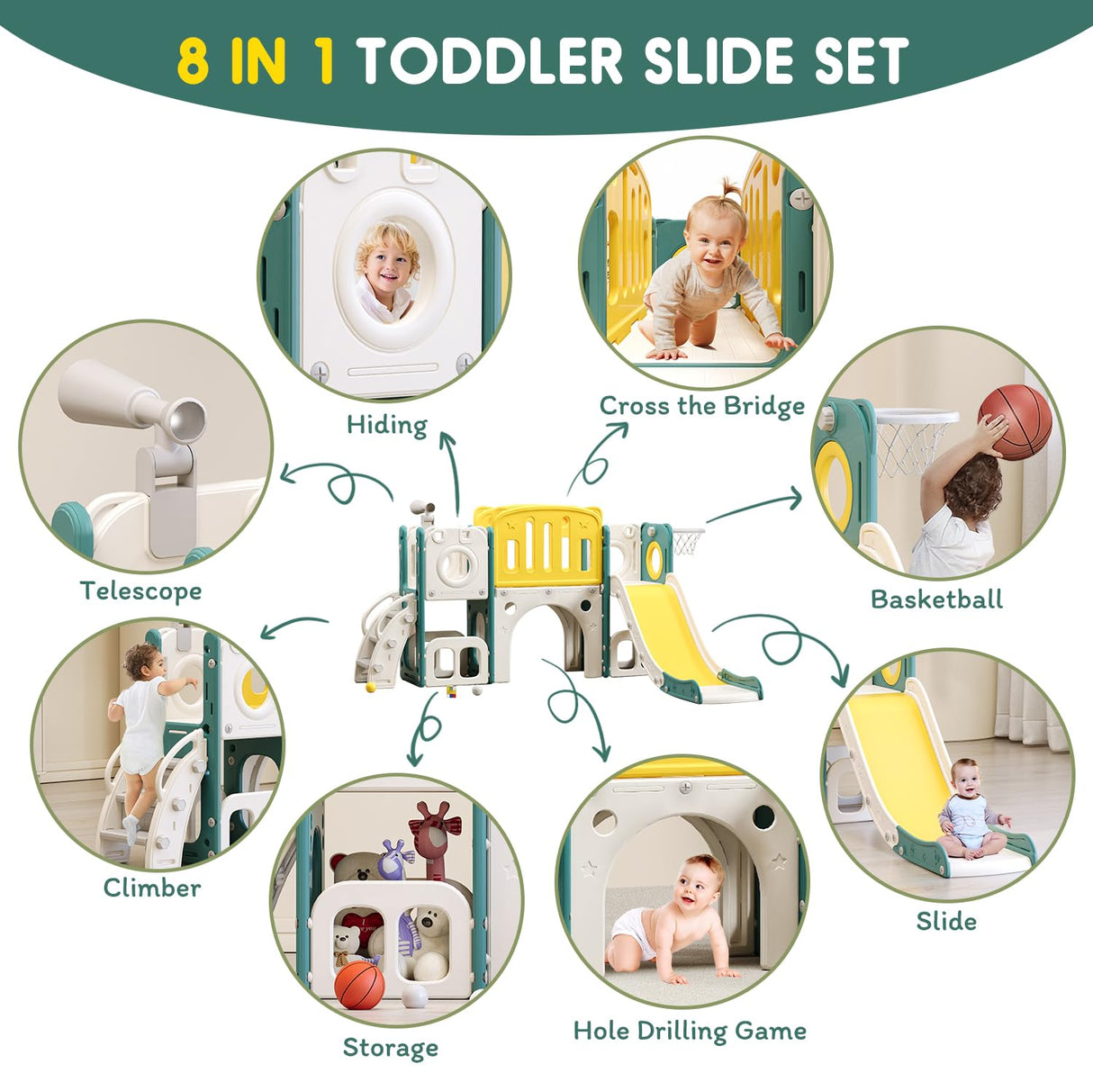 8 in 1 Toddler Slide Set, Kids Slide for Toddlers, Toddler Climber Slide PlaySet with Basketball Hoop,Outdoor Indoor Playground for Toddlers Upgraded MOCUTEEN