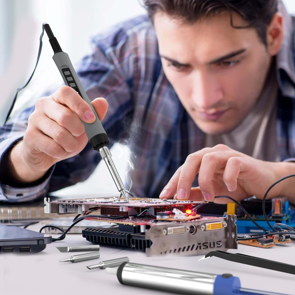 Soldering Iron Kit, 190W Soldering Gun, 110V LED Solder Kit for Electronics, Adjustable Temperature 356-932℉, Includes Solder Wire, Tips, Stand, Sponge and Flux Paste, Grey Crtsweker