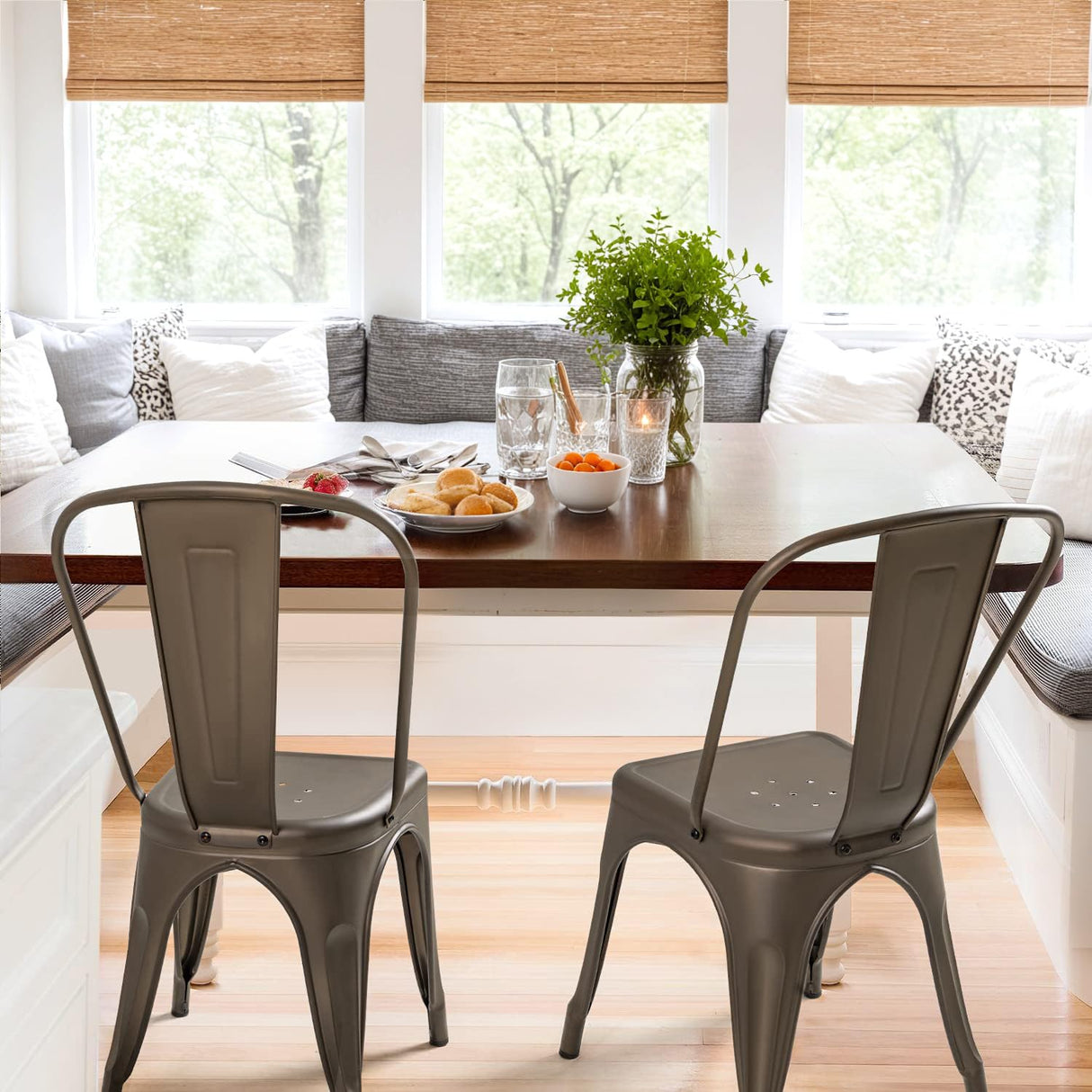 Furmax Metal Dining Chair Indoor Outdoor Use Stackable Classic Trattoria Chair Chic Dining Bistro Cafe Side Metal Chairs Set of 4 (Gun) Furmax