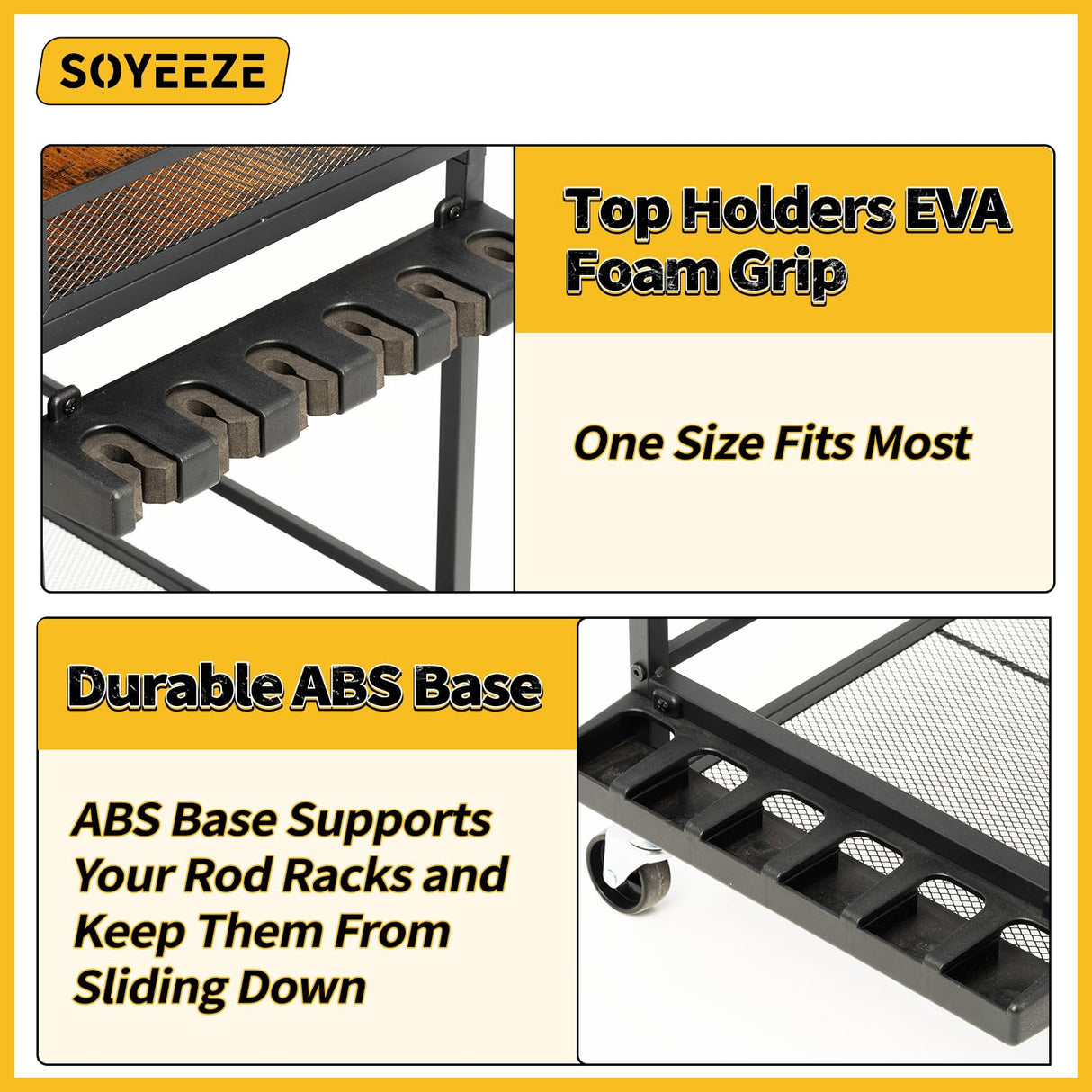 SOYEEZE Fishing Rod Holders for Garage with Pegboard and Lockable Wheels, 3-Tier Fishing Pole Rack with 10 Hooks, Fishing Gear Tackle Box Organizer Up to 12 Rods, Rolling Fishing Storage Cart SOYEEZE