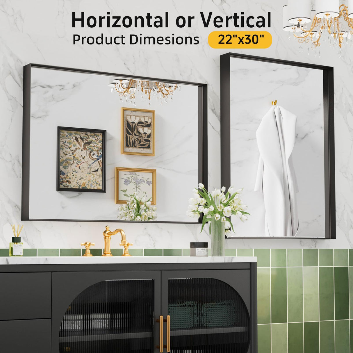 Dimelax Black Vanity Wall Mirror, 22x 30 Inch Rectangular Bathroom Mirrors for Over Sink, Aluminum Metal Framed Mirror, Tempered Glass, Anti-Rust, Wall Farmhouse Mirrors (Horizontal/Vertical) Dimelax