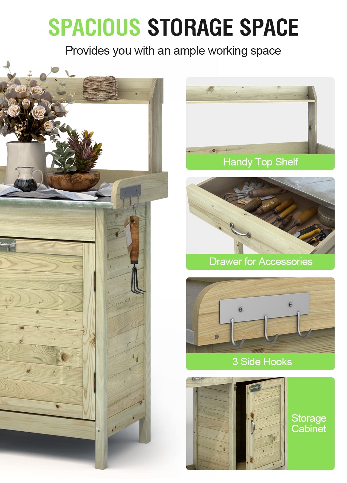 Arnot Wooden Potting Bench Tables, Fir Work Station Table Outdoor Garden Potting Table with Cabinet, Hook, Storage Bottom Shelf,for Garden Supplies ARNOT