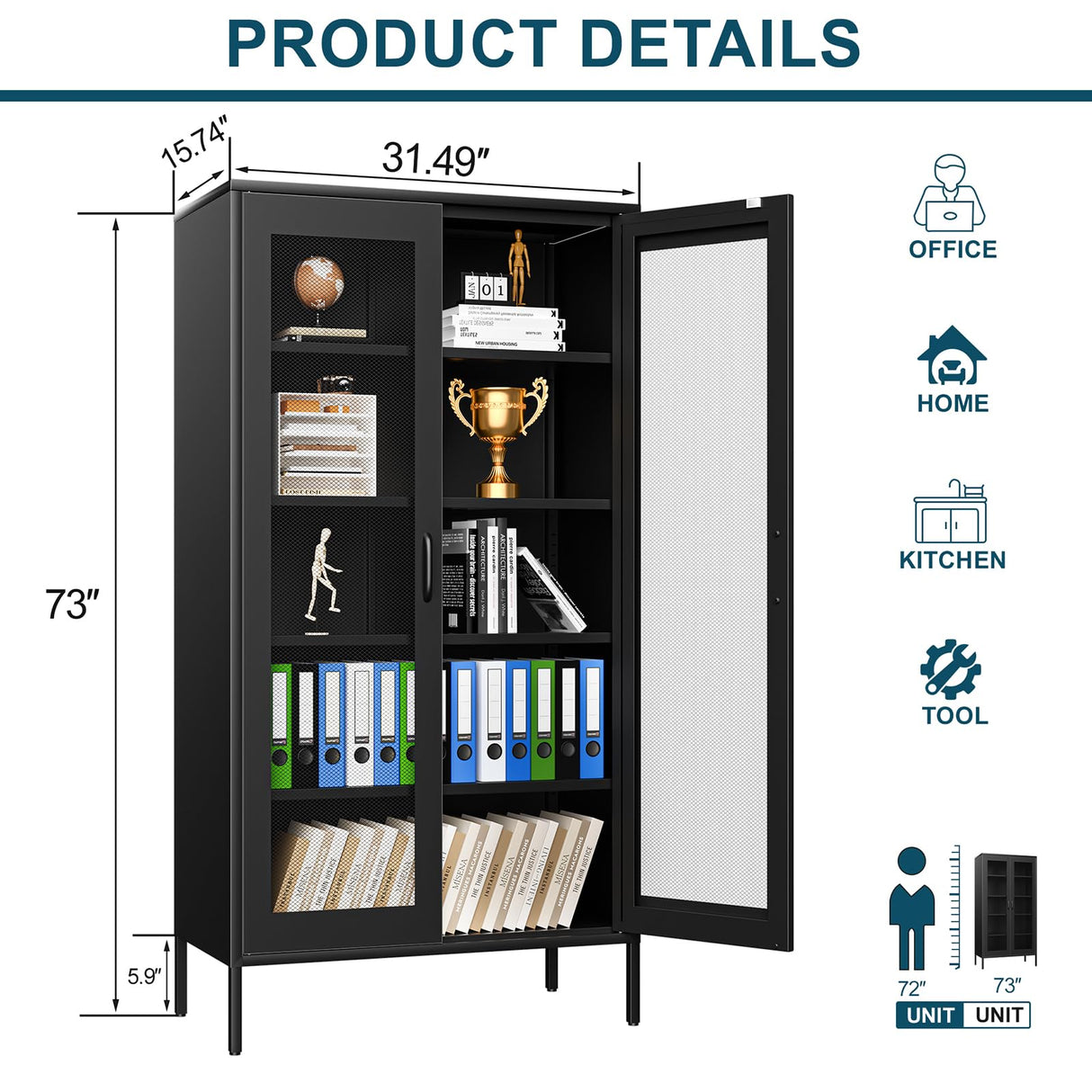 YAUWOH Metal Display Cabinet with Mesh Door,Metal Storage Cabinet with 4 Adjustable Shelves,73" H Kitchen Pantry Storage Cabinet for Collectibles,Home Office,Living Room,Gaming Room(Black) YAUWOH