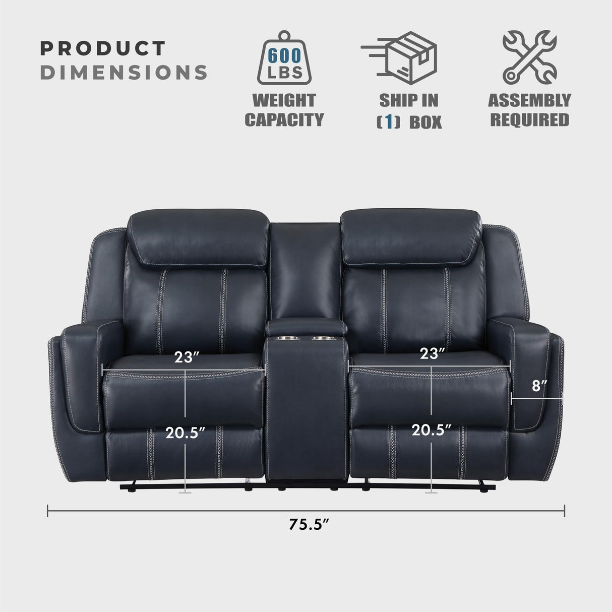 Lexicon Living Room Set - Home Theater Seating, Faux Leather Upholstery Recliner Sofas, Double Recliner, Loveseat, Swivel Glider Chair, 3-Piece Set, Blue Lexicon