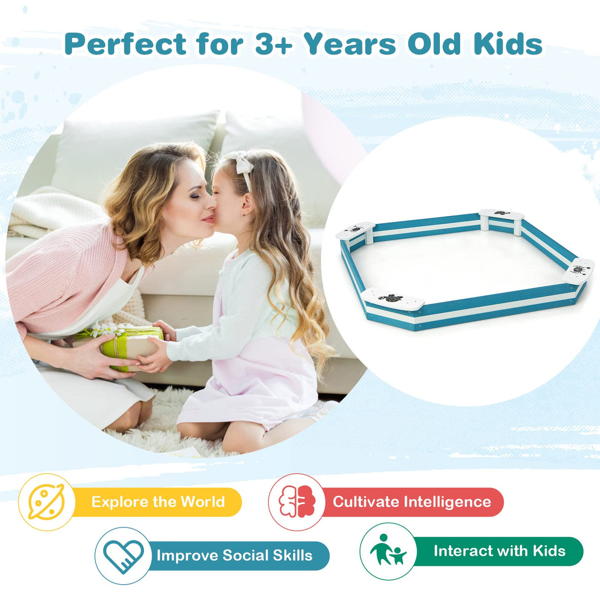 HONEY JOY Kids Sandbox, Cedar Bottomless Sand Pit for Backyard Deck Patio Lawn, 4 Corner Seats with Pattern, Square Wood Sand Boxes for Kids Outdoor, Gift for Boys Girls 3+, Navy Blue HONEY JOY