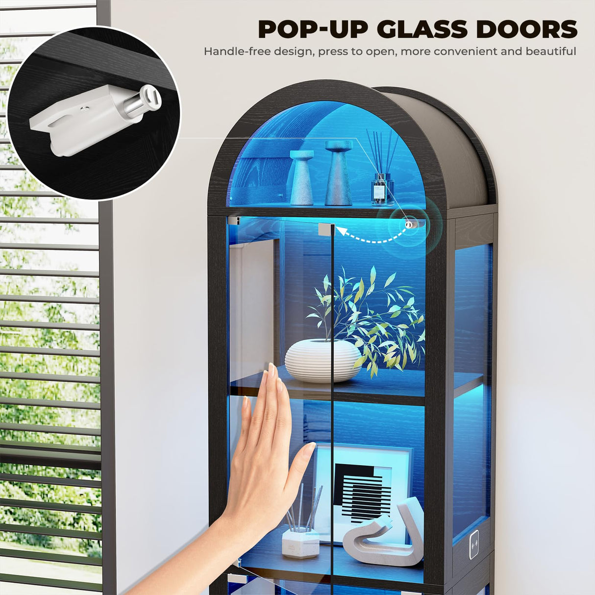 BROTTAR 71" Tall Arched Display Cabinet with Glass Doors, 5-Tier Curio Cabinet with LED Lights for Collectibles, Books, Showcase Glass Display Case with Human Body Sensor for Living Room, Black BROTTAR