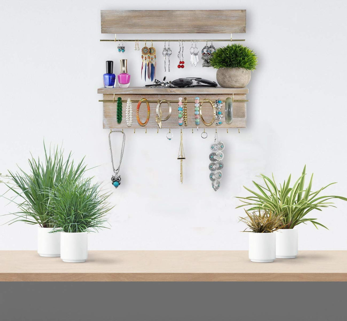 Spiretro Wall Mounted Wood Jewelry Organizer with Metal Bars, Set of 2 Spiretro