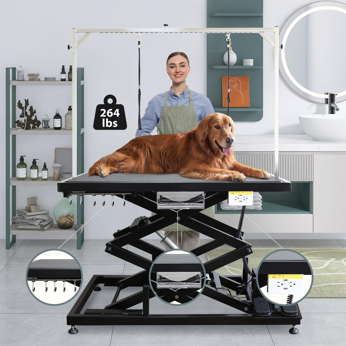 UDSONFY Electric Pet Dog Grooming Table, 50" Heavy Duty Grooming Table Professional Double X-Lift for Large Dogs Adjustable Height: 12"-45.8" Non-slip, AC Outlets, Storage Tray, 2 Nooses, Black UDSONFY