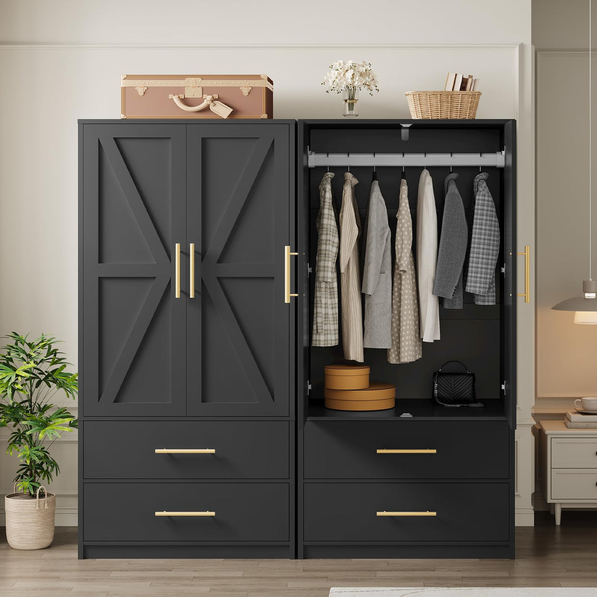 HOOBRO Armoire Wardrobe Closet, Wardrobe Closet with Doors and 2 Drawers, Bedroom Armoire with Hanging Rod, Tall Armoire for Bedroom, Wooden Clothing Storage Cabinet, Black HOOBRO