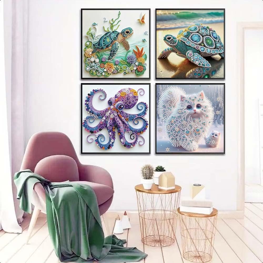 4Pack Diamond Painting Kits For Adults,Sea Turtle Special Shape Diamond Art Kits For Adults Beginners, DIY Diamond Crystal Rhinestones Gem Art Animal Octopus and Cat For Home Wall Decor 12 X 12Inch ZQEATRY