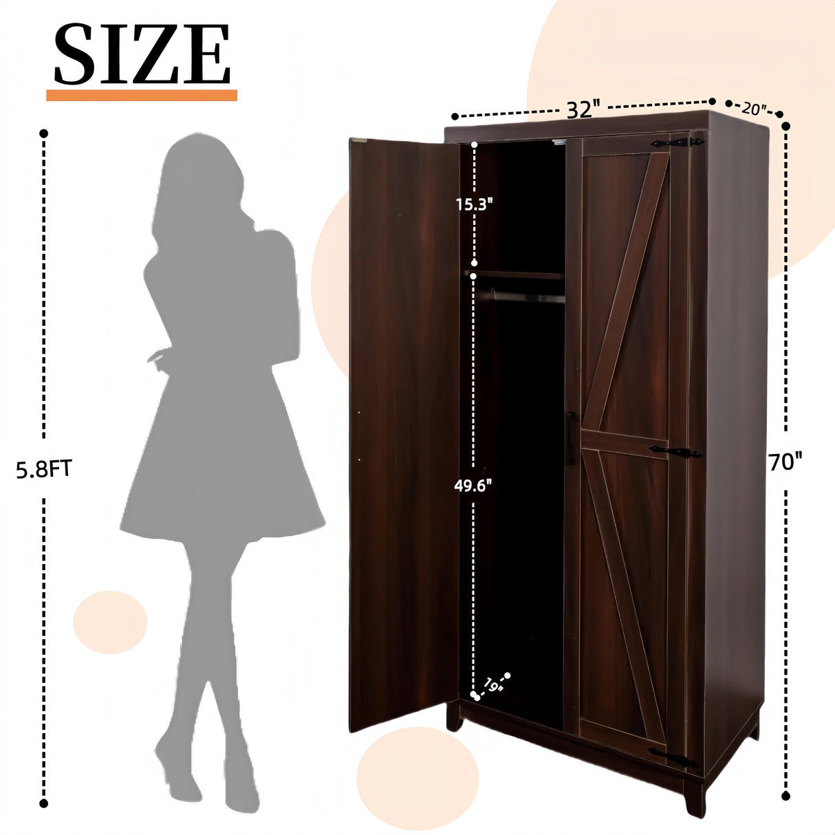 HYDUZ 2 Piece 70" Large Bedroom Armoire Wardrobe Closet for Hanging Clothes, Farmhouse Wooden Wardrobe Closet with Barn Door, Freestanding Clothing Storage Cabinet with Hanging Rod & Shelf, Espresso HYDUZ