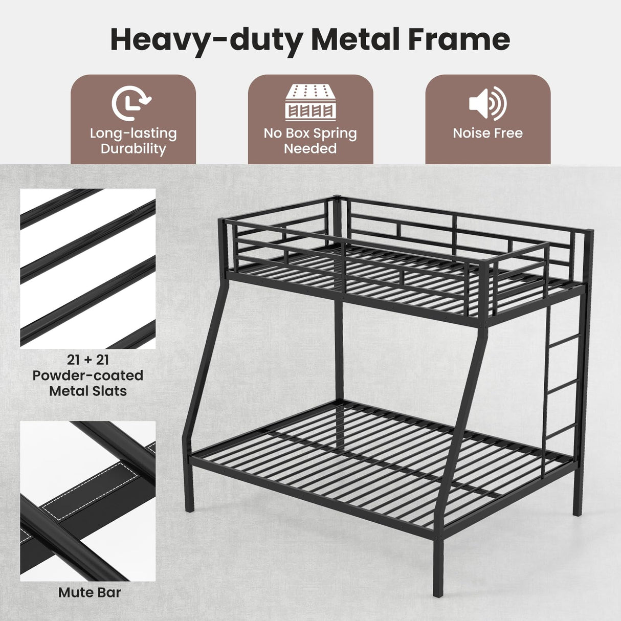 KOMFOTT Metal Twin Over Full Bunk Bed, Heavy Duty Bed Frame with Integrated Ladder, Full-Length Guardrails for Teens & Adults, Space-Saving Bunk Bed for Bedroom & Dorm, No Box Spring Required KOMFOTT