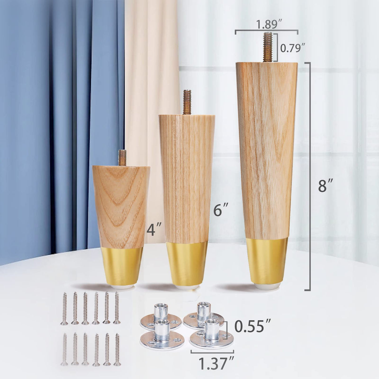 WEKIS Solid Ash Wood Furniture Legs 4 Inch, Sofa Replacement Wooden Leg Set of 4, Cabinet Legs, Dresser Legs, Couch Legs, Recliner Legs (Ash Wood Legs with Metal Cap 4 Pack, 4 inch) WEKIS