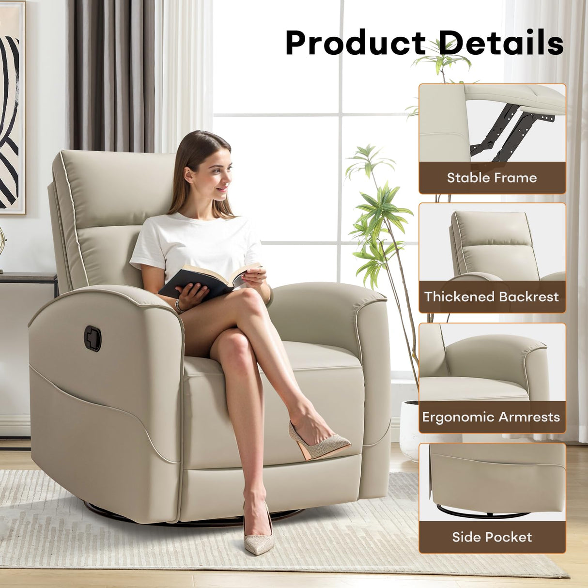 HAOMARKETS Swivel Rocker Recliner Chair, Manual Faux Leather Glider Rocking Recliners for Adults, 360° Swivel Nursery Reclining Sofa with Storage Pocket HAOMARKETS