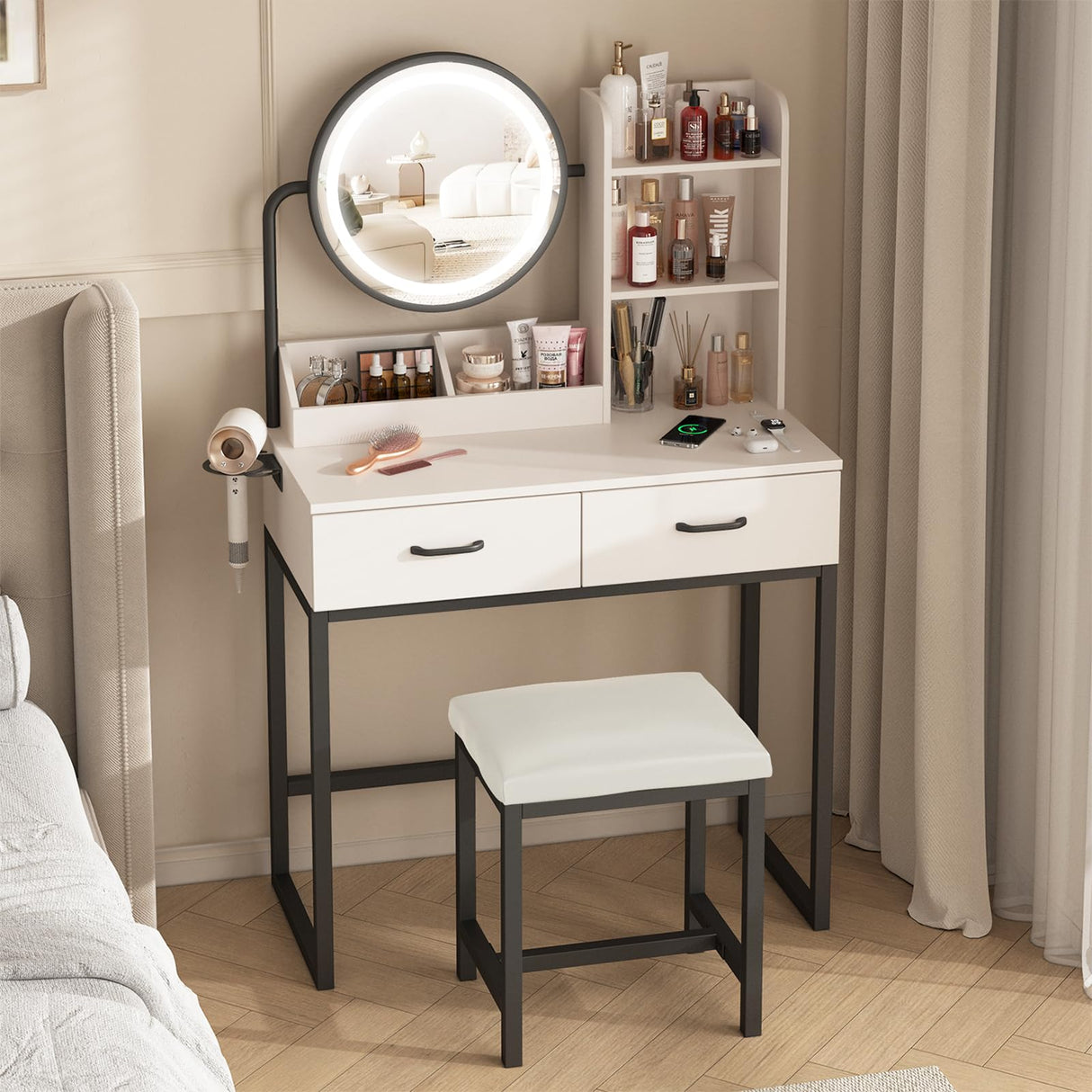 Fameill Makeup Vanity Desk with Lights and Round Mirror, White and Gold Vanity Makeup Table, Small Vanity Set Make Up Vanity with Lots Storage, 3 Lighting Modes, 31.5in(W)… (Traditional) Fameill