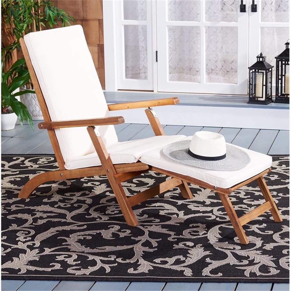 SAFAVIEH Outdoor Collection Palmdale Natural Brown Solid Wood/Beige Cushion Chaise Lounge Chair (PAT7015C) Safavieh