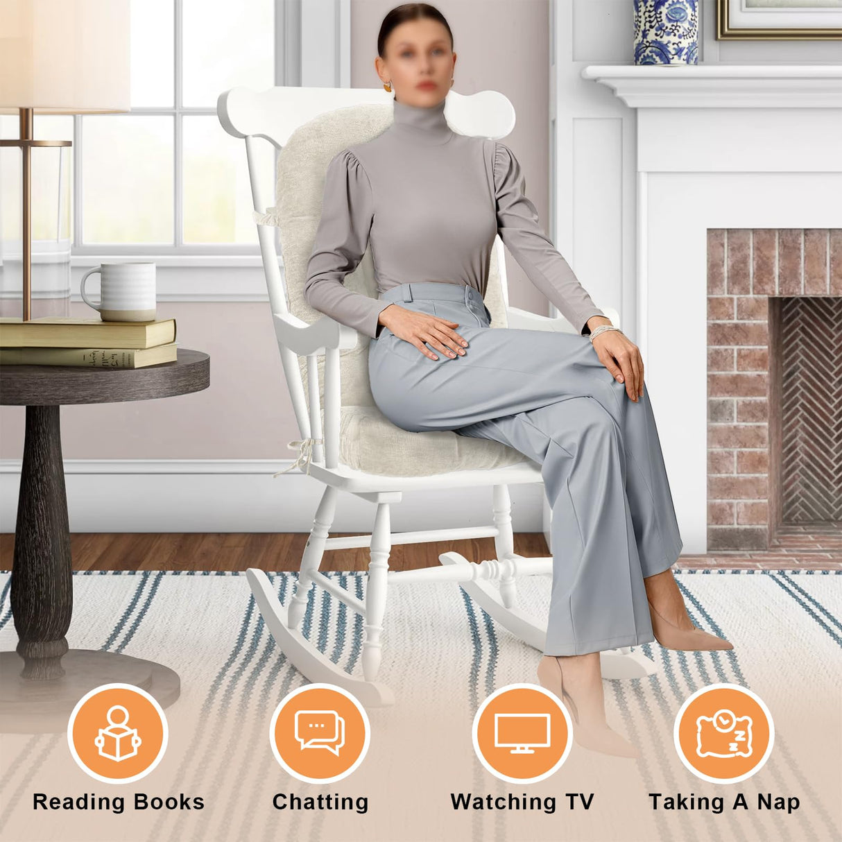 ROFIEJOX Rocking Chair Cushion - Chenille Fabric, High-Density Sponge, Durable Comfort Non-Slip Bottom Tufted Seat Pads with Ties, Chenille︱Oyster White, 44x19x4 inch ROFIEJOX