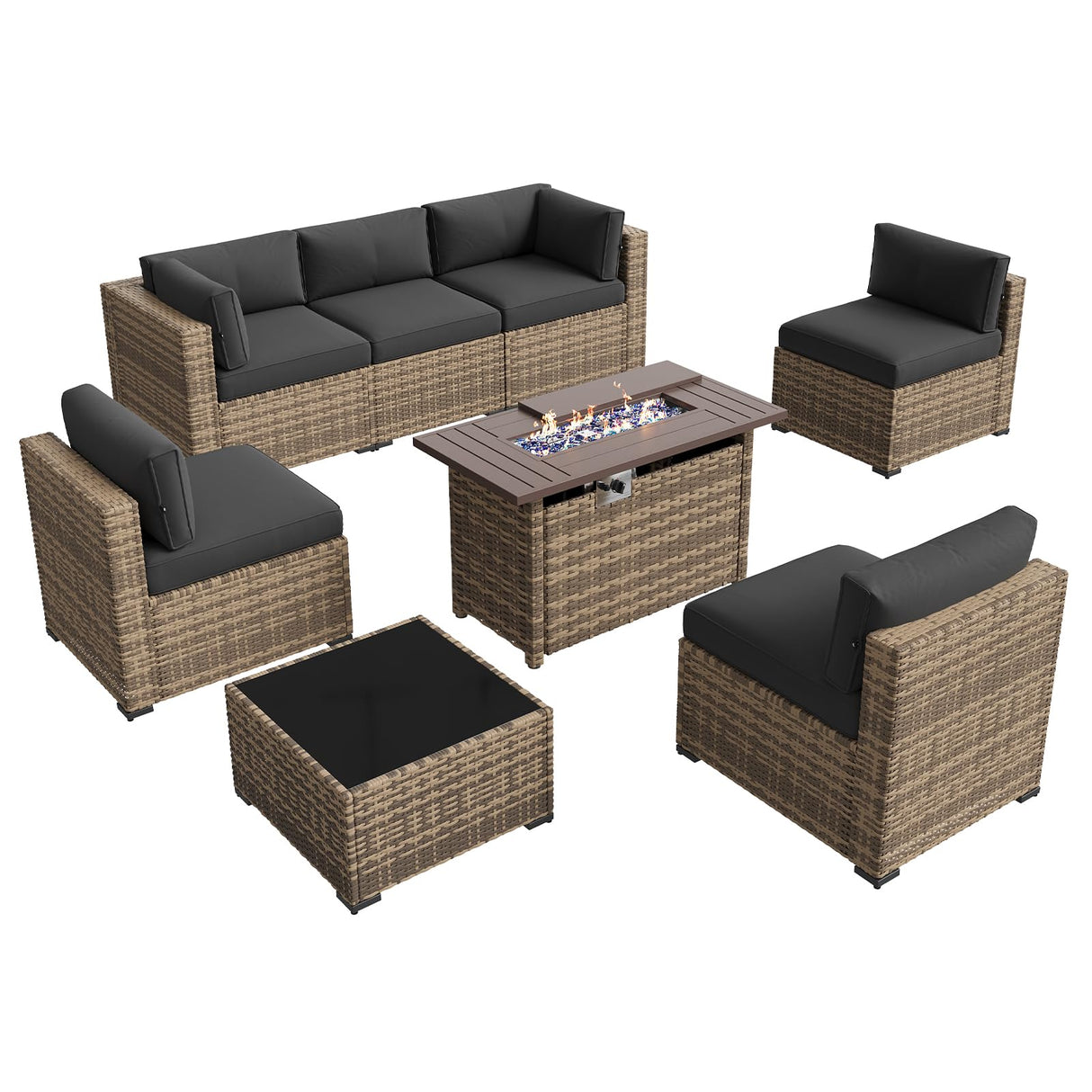 Aoxun Patio Furniture Sets, 8-Piece Outdoor Patio Furniture with 44'' Propane Gas Firepit Table, Wicker Outdoor Conversation Set Sectional Sofa for Backyard, Poolside, Garden (Black Cushion) Aoxun