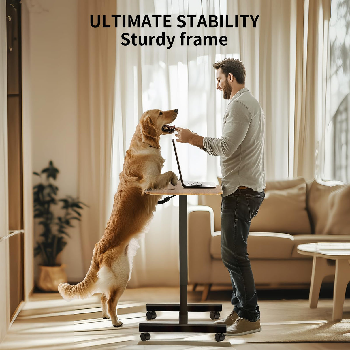 YSSOA Mobile Small Standing Desk - Rolling Desk with Adjustable Height and Lockable Wheels, Sit-Stand Laptop Table, Portable Computer Workstation, Brown YSSOA