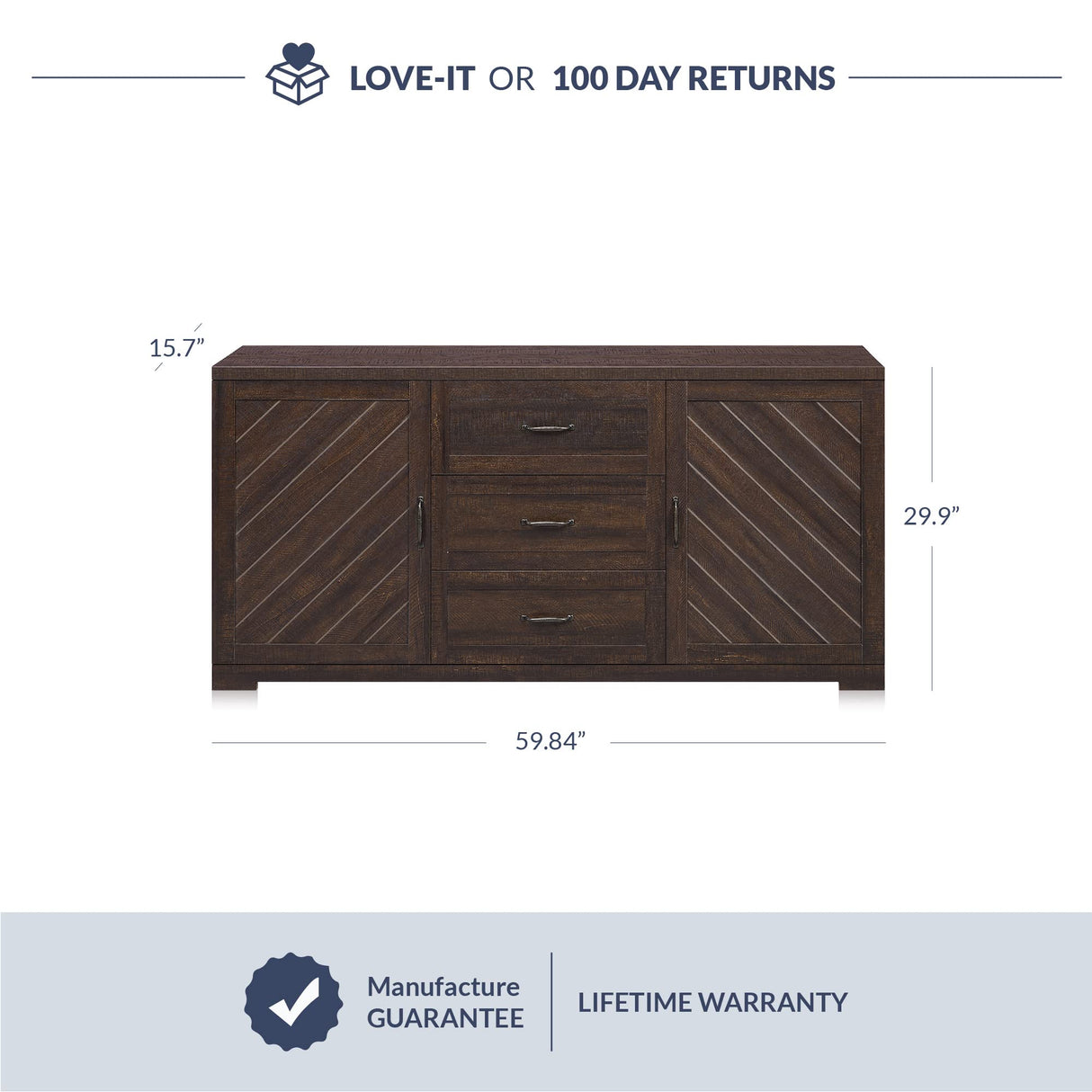 BELLEZE Sideboard, Console Table Or Buffet with Three Drawers & Four Shelves, Space Saving Media Storage Cabinet, Holds Up to 70lbs - 60 Inch - Hilo (Espresso) BELLEZE