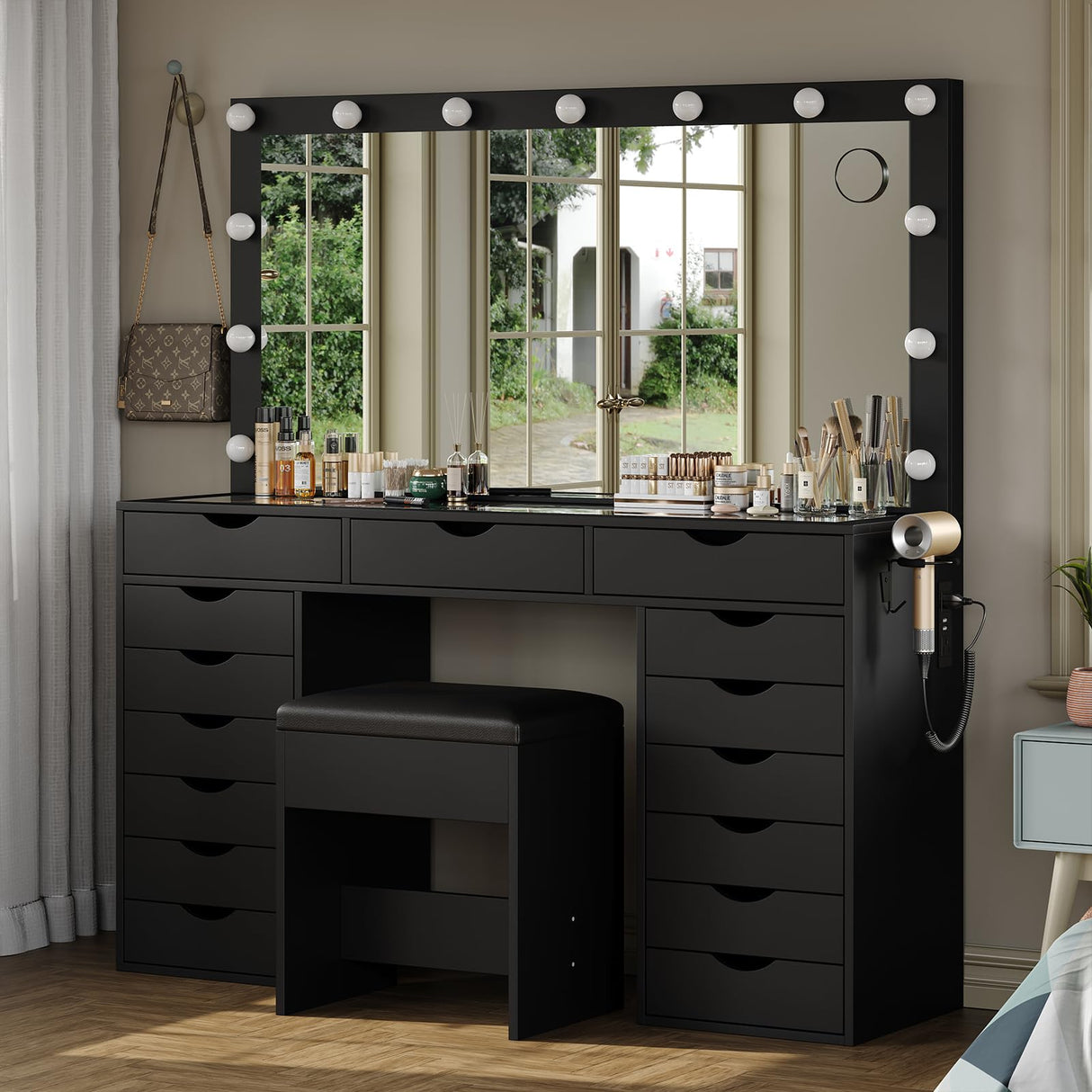 Yanosaku 15 Drawers Vanity Desk with Power Outlet, Makeup Table with Mirror and 13 LED Lights, 3 Color Lighting Modes, Brightness Adjustable, Glass Top Dressing Table, Vanity Set for Bedroom (Black) Yanosaku