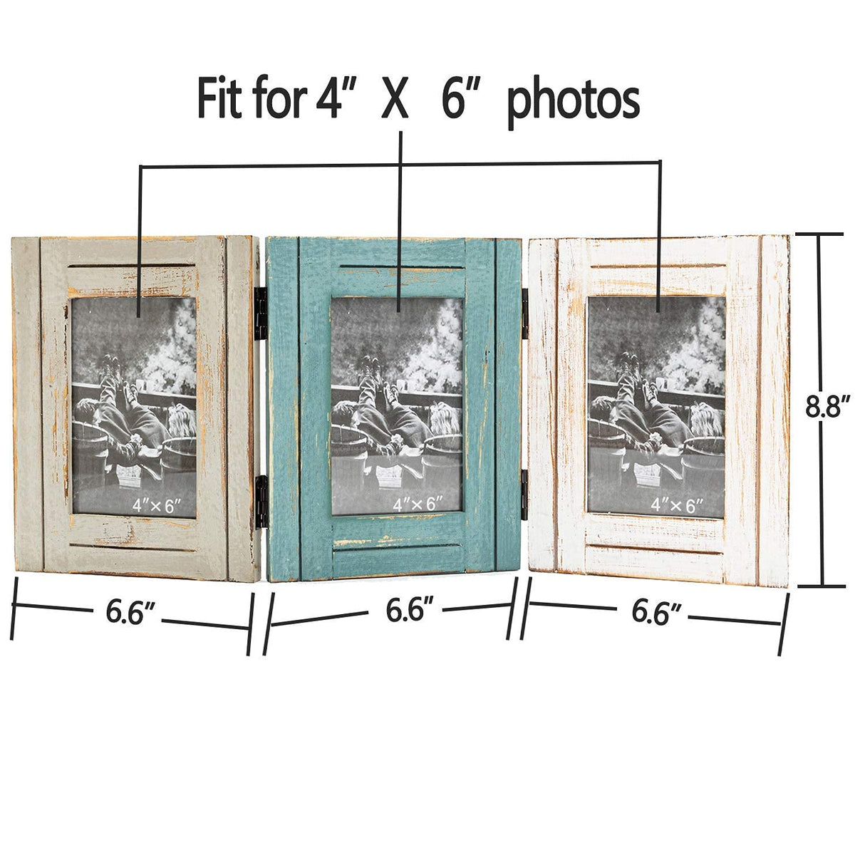 RiteSune Rustic 3 Picture Frame 4X6 Triple Hinged Distressed Photo Frame for Tabletop Display, Picture College Frame Present for Holiday, Festival, Christmas RiteSune